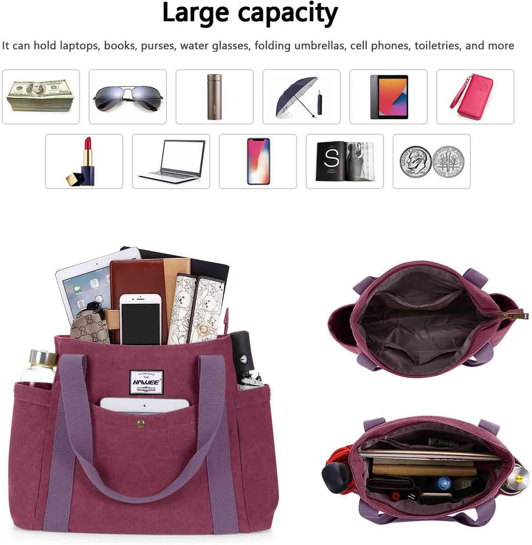 HAWEE Canvas Damen Handtasche Shopper Tote Bag Grosse Schultertasche mit Reissverschluss Umhängetasc