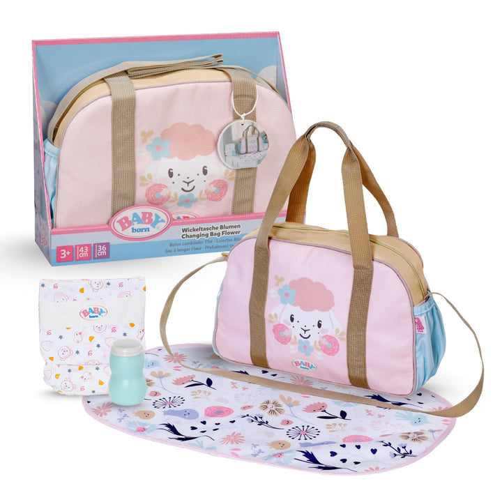 BABY Born Wickeltasche - Puppenwickeltasche mit Blumen-Design - Inkl. Wickelunterlage, Windel & Pude