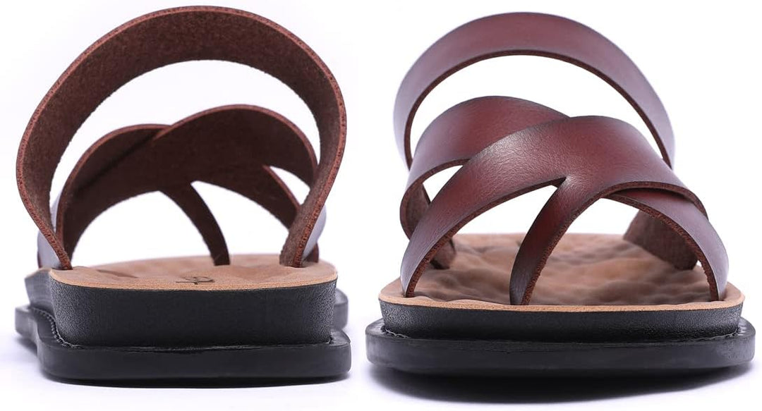 Harssidanzar Herren Sandalen Hausschuhe Cross Straps Slide Slip On Flip Flops für Männer Toe Ring St