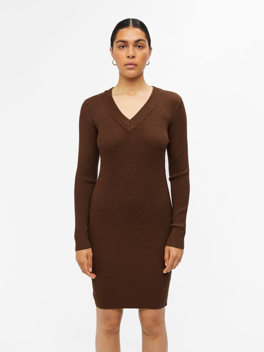 Object Female Strickkleid V-Ausschnitt XS Dark Earth, XS Dark Earth