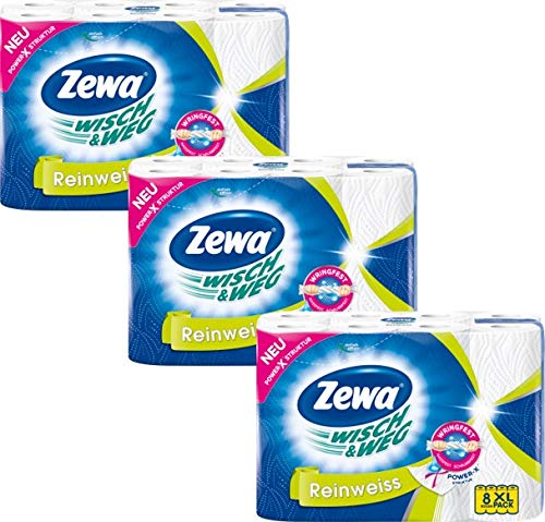Zewa Wisch und Weg Küchenrollen Reinweiss, saugstarke Wischtücher in hellem Weiss, 3 x 8 Rollen (24
