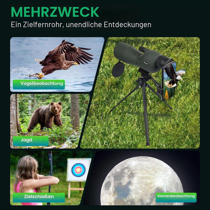 BIBIRE Spektiv mit Stativ und Smartphone-Adapter, 25-75x60 HD-Spektiv mit Tragetasche für Zielschies