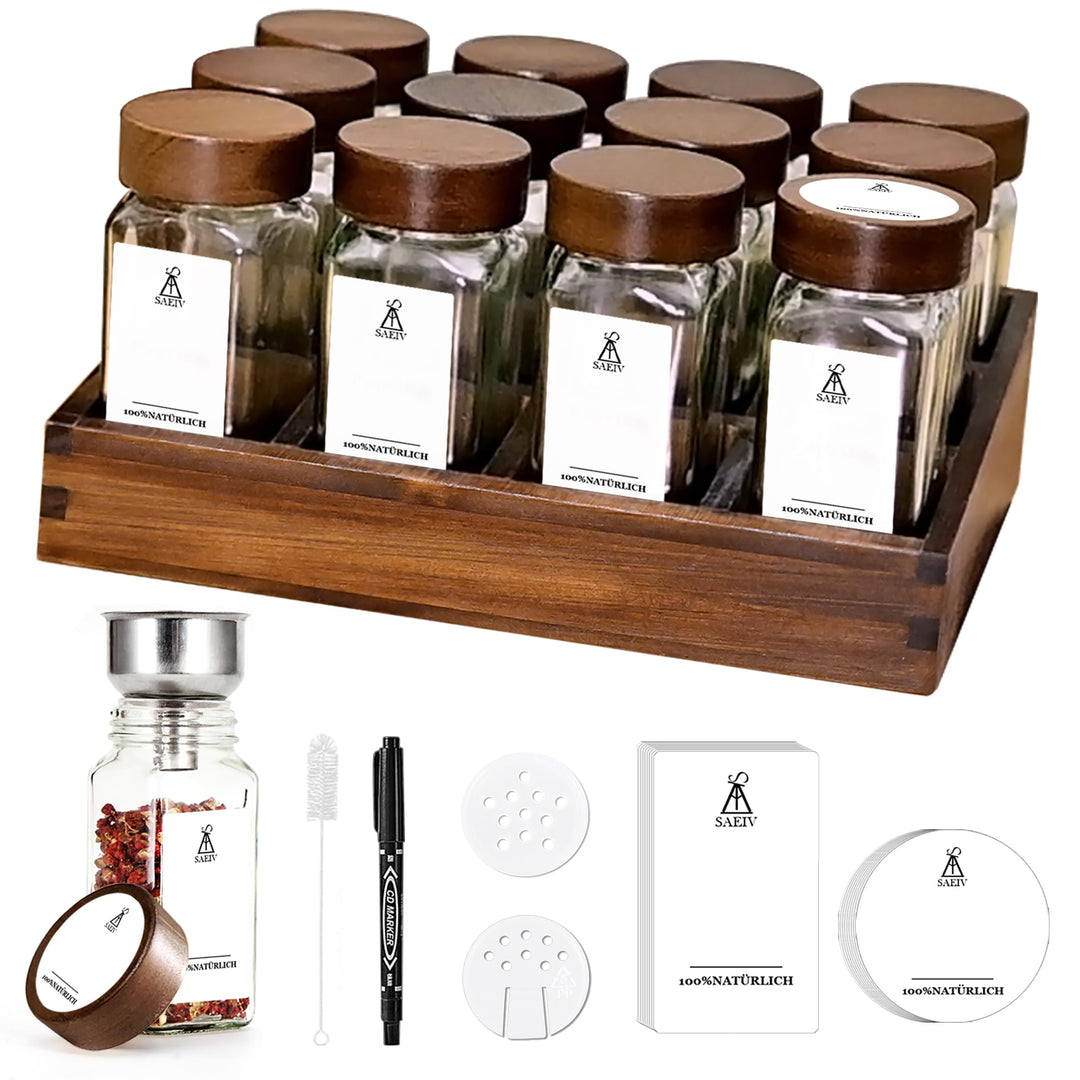 SAEIV Umweltfreundliches Akazien-Gewürzregal Holz mit 12 Fächern | 12 120ml-Gewürzgläser Drawer Orga