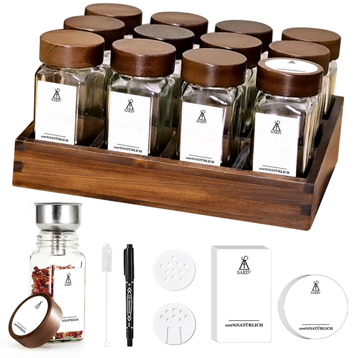 SAEIV Umweltfreundliches Akazien-Gewürzregal Holz mit 12 Fächern | 12 120ml-Gewürzgläser Drawer Orga