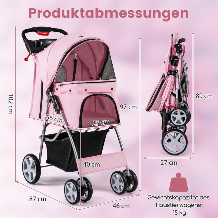 COSTWAY Hundewagen Haustiere Buggy, bis 15 kg, Hundebuggy mit Netzfenstern & Getränkehalter & Korb &
