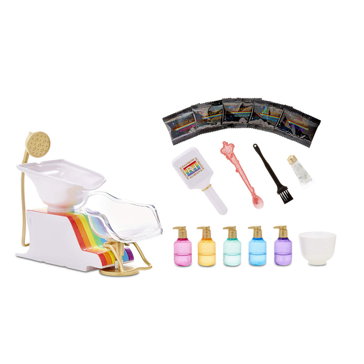 Rainbow High 567448E7C Salon Playset, Frisörsalon mit Salon-Stuhl mit Wasserfunktion und über 20 wei