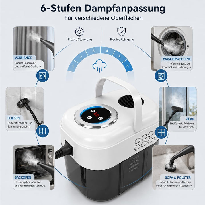 1500W Dampfreiniger Handgerät mit 1,8 L Wassertank, 6-Stufen | Hochdruck Dampfstrahlreiniger mit, Di
