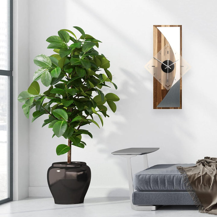 Kreative Feder Designer-WANDUHR „Silvermoon“ aus geräuchertem Eichenholz mit modernem Metallic-Look