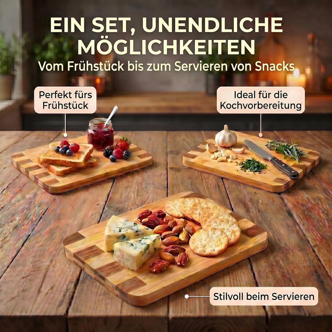 Bambus 3er Set Schneidebretter Set Servierbretter Küchenbrett Brotbrett; klingenschonend, antibakter