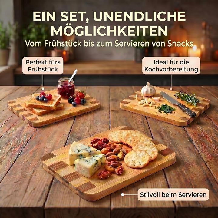 Bambus 3er Set Schneidebretter Set Servierbretter Küchenbrett Brotbrett; klingenschonend, antibakter