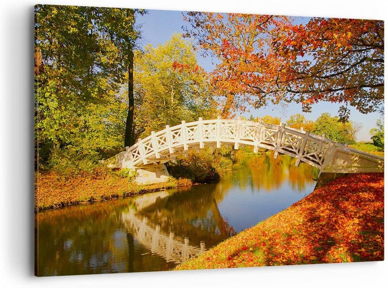 Bilder auf Leinwand 100x70cm Leinwandbild Stream Fussgängerbrücke Herbst Gross Wanddeko Bild Schlafz