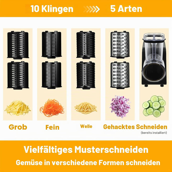 1000W Gemüseschneider Elektrisch mit 10 Ersatzklingen, 5 in 1 Elektrischer Gemüsehobel Küchenreibe G