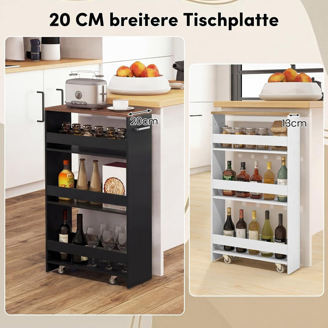 COSTWAY Nischenwagen 20cm breit, 4 Etagen Küchenwagen schmal, Nischenregal auf Rollen, Servierwagen