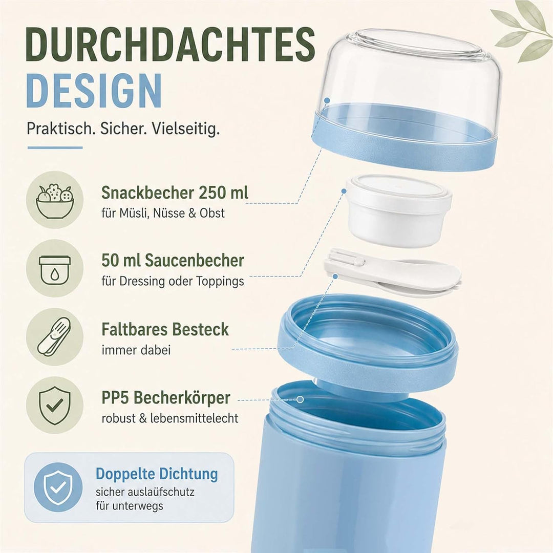 2er Set Müslibecher to Go mit Gabel-Löffel, 520ML+250ML Joghurtbecher to Go Auslaufsicher, Müsli to