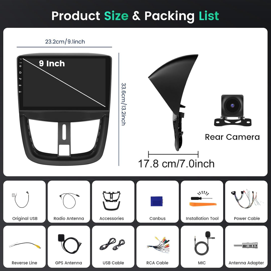 Hikity 8 Core/4G+64G/DSP 9" Android 15 Autoradio für Peugeot 207 2006-2010 Radio 2 DIN mit Wireless