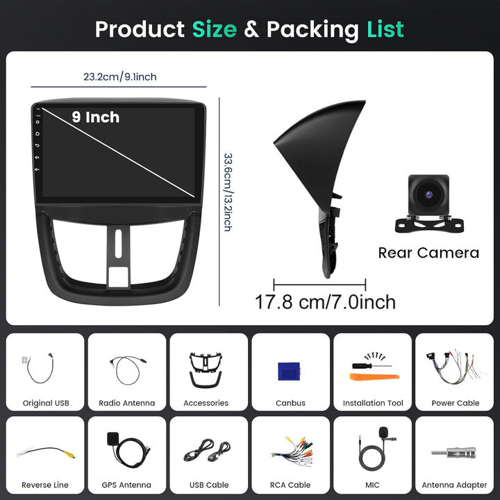 Hikity 8 Core/4G+64G/DSP 9" Android 15 Autoradio für Peugeot 207 2006-2010 Radio 2 DIN mit Wireless