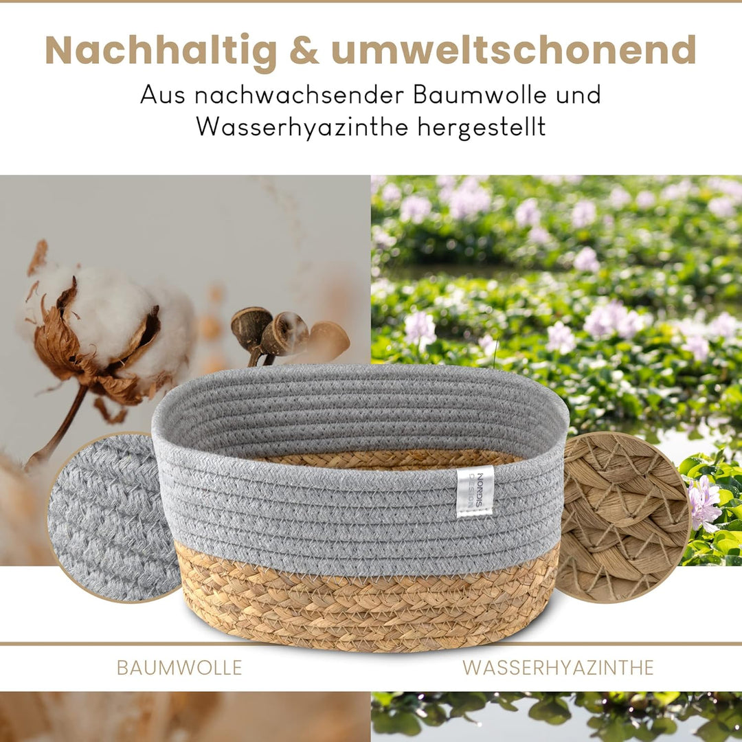 NORDIS DESIGN Aufbewahrungskörbe 3er Set aus Wasserhyazinthe und Baumwolle, Bad Aufbewahrungskorb ge