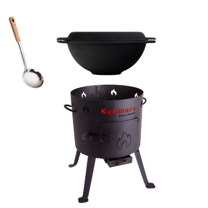 SET Utschak 36 cm + 8 Liter Kasan Kazan aus Gusseisen mit Pfannen-Deckel und Schaumlöffel Feldküche