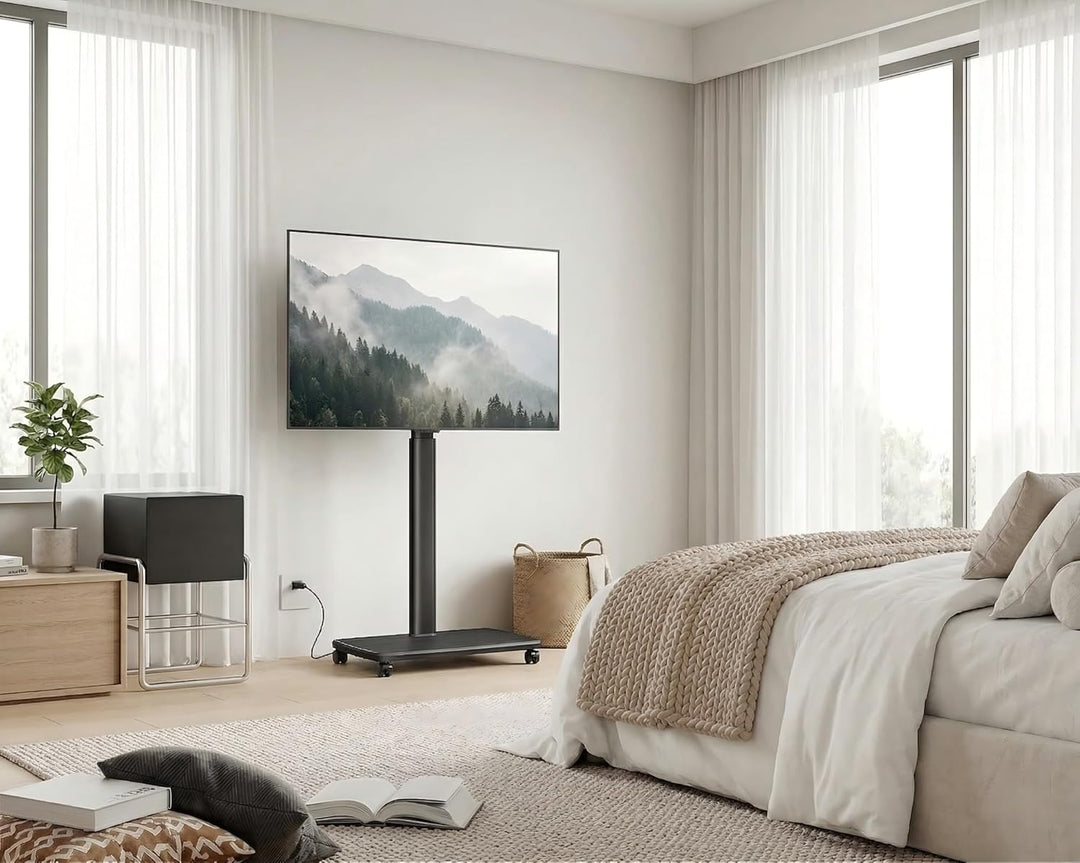 FITUEYES TV Bodenständer Rollbar mit Holzablage TV Standfuss TV Ständer Fernsehstand mit Rollen höhe
