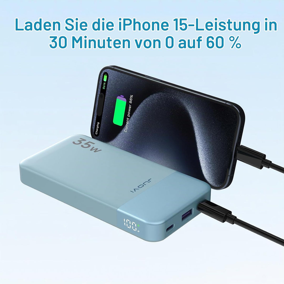 JUOVI Power Bank 10000mAh, 35W Powerbank Schnellaufladung mit 3 Ausgängen und 2 Eingängen, PD3.0 QC