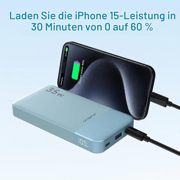 JUOVI Power Bank 10000mAh, 35W Powerbank Schnellaufladung mit 3 Ausgängen und 2 Eingängen, PD3.0 QC