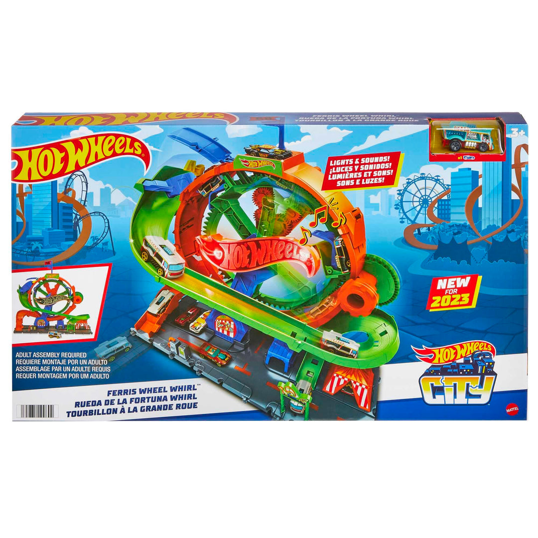 Hot Wheels City Trackset mit 1 Hot Wheels Auto, vom Kind aktiviertes Riesenrad mit Kirmeslichtern un