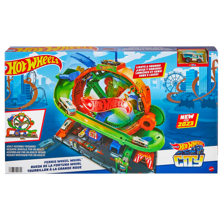 Hot Wheels City Trackset mit 1 Hot Wheels Auto, vom Kind aktiviertes Riesenrad mit Kirmeslichtern un