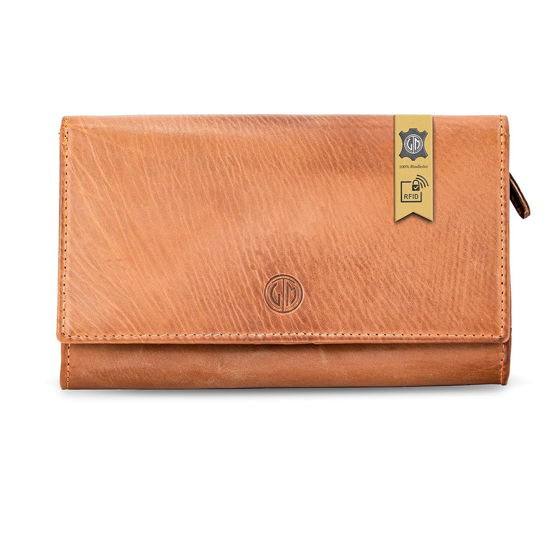 LINDENMANN Geldbeutel Damen/Damen Portemonnaie, Vollrindleder genarbt, cognac