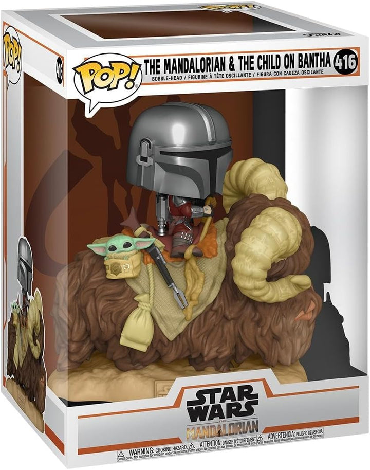 Funko 52373 POP The Mandalorian-Deluxe 2 Mando on Bantha w/Child in Bag Sammelbares Spielzeug, Mehrf