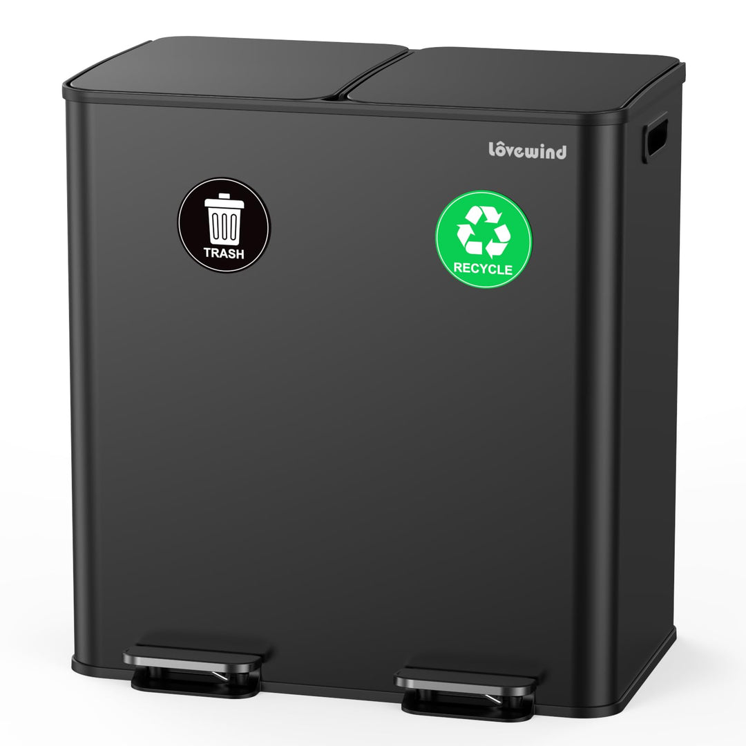 lovewind Mülleimer, 2 x 30L Mülleimer Küche, Doppeleimer für Recycling und Abfall, Schwarz, Mülleime