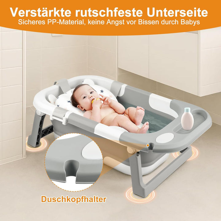 Faltbare Babybadewanne mit Sitz – tragbare Babywanne mit Wärmesensor-Ablauf, rutschfest & platzspare
