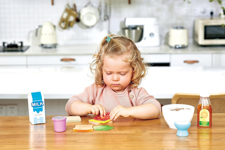 Hape Frühstücks-Set - Küchen-Fantasiespiel mit Frühstückszubehör, Holz Lebensmittel Spielzeug für Ki