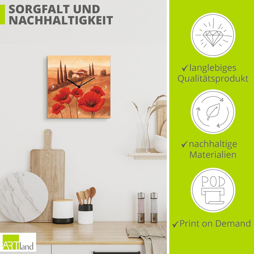 ARTLAND Wanduhr ohne Tickgeräusche Leinwand Funkuhr 30x30 cm Quadratisch Lautlos Toskana Landschaft
