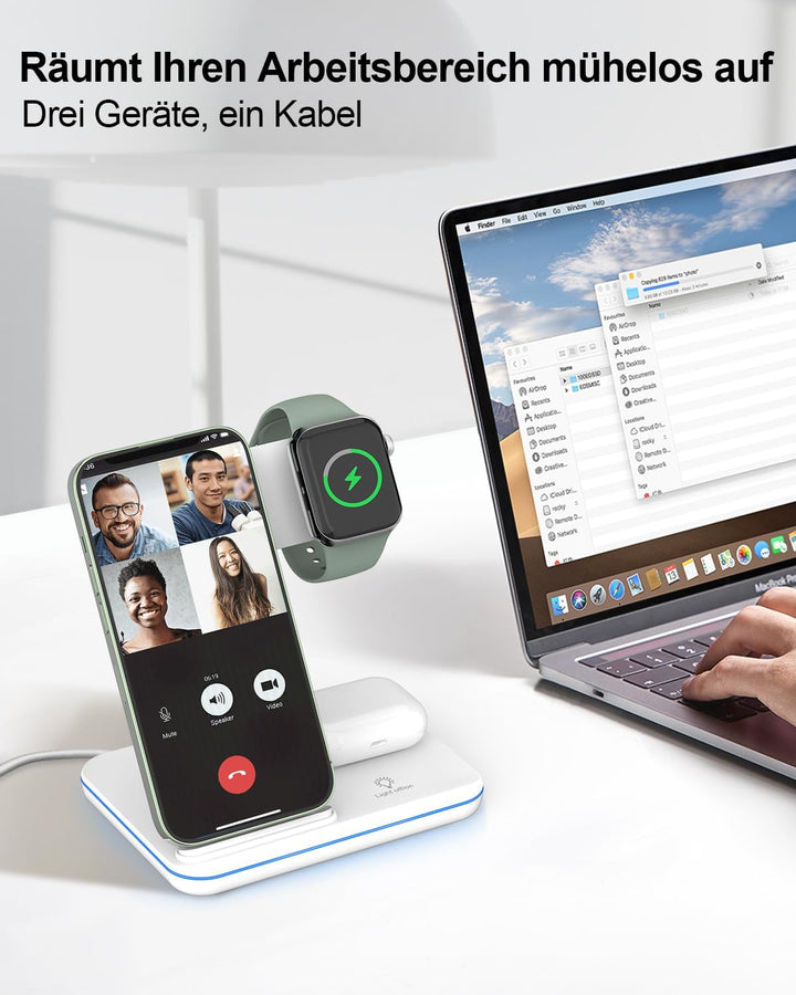 Induktive Ladestation für Apple Wireless Charger 3 in 1: 2024 Neu Kabelloses Ladegerät für iPhone 15