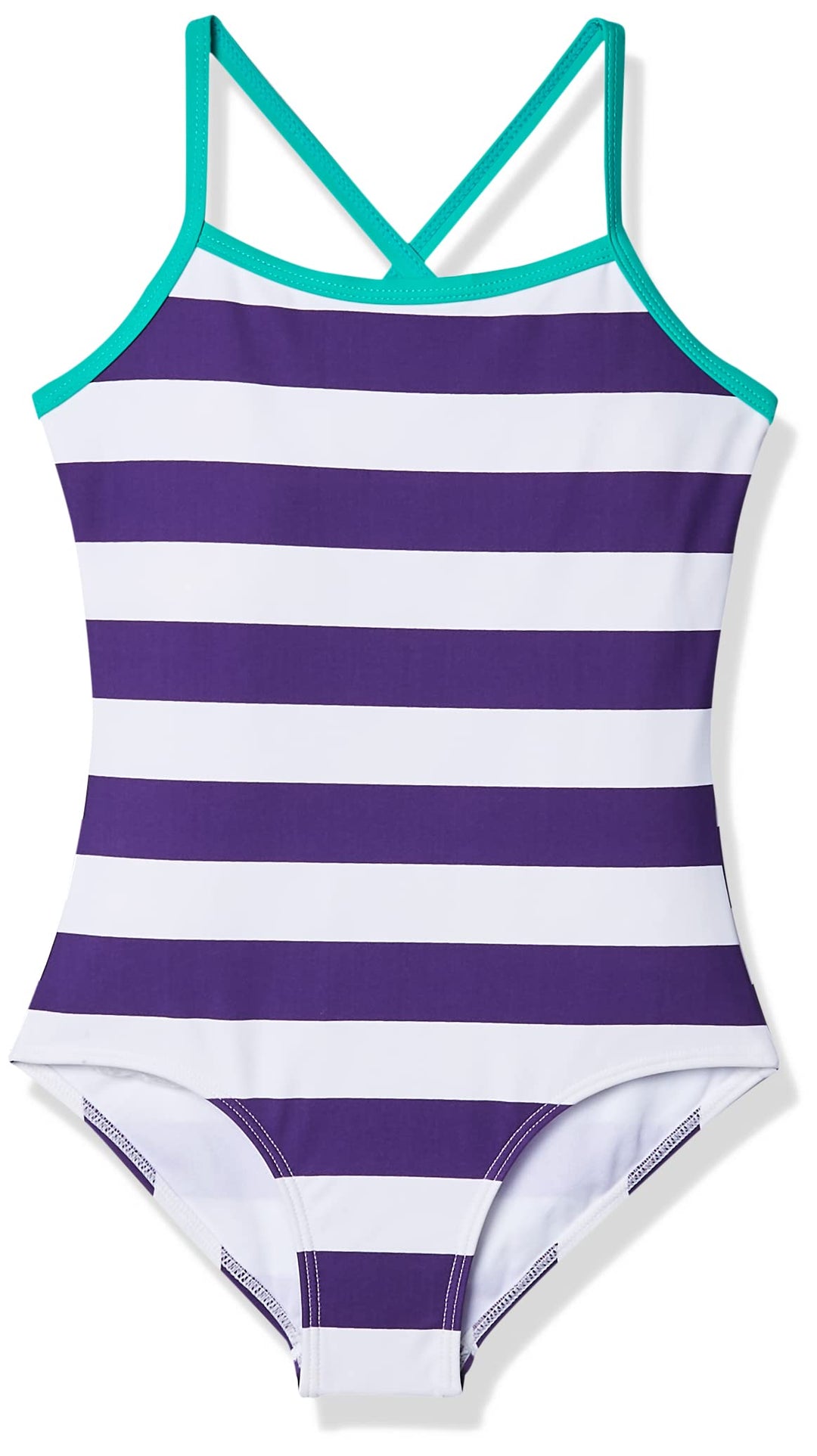 Kanu Surf Girls' Big Beach Sport Banded 1 Piece Swimsuit, Layla Purple Stripe, 7