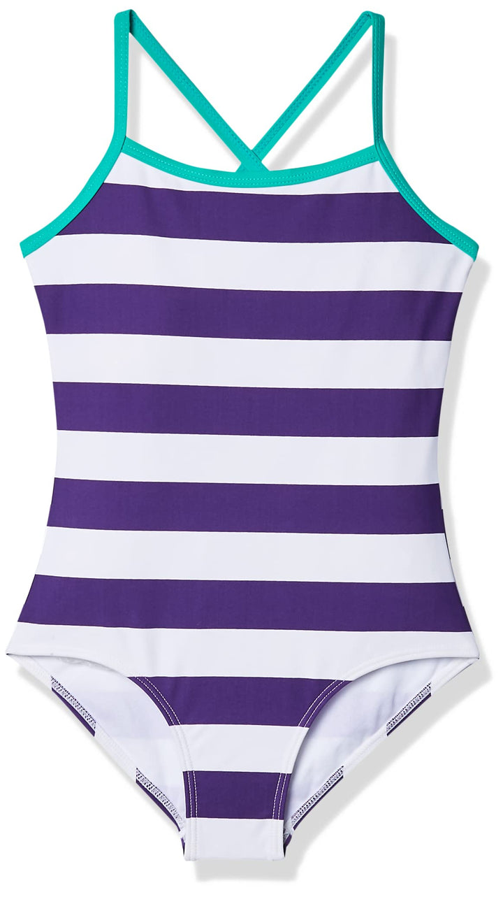Kanu Surf Girls' Big Beach Sport Banded 1 Piece Swimsuit, Layla Purple Stripe, 7