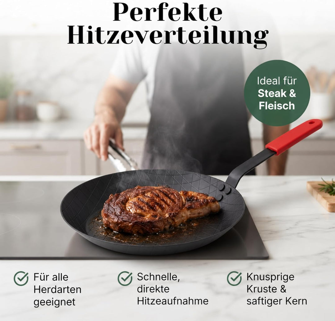 pasoli Steak-Pfanne aus Carbonstahl, voreingebrannt (mit Griffschutz) Steak-Pfanne mit Griffschutz,