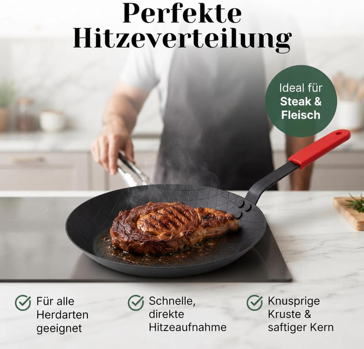 pasoli Steak-Pfanne aus Carbonstahl, voreingebrannt (mit Griffschutz) Steak-Pfanne mit Griffschutz,