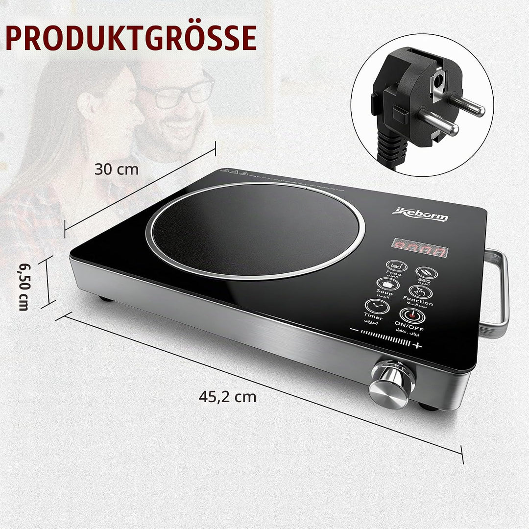 Glaskeramikkochfeld 4000W Einzelplatte, Elektrokochfeld mit 6 Stufen, Touch & Drehregler, Timer, Übe