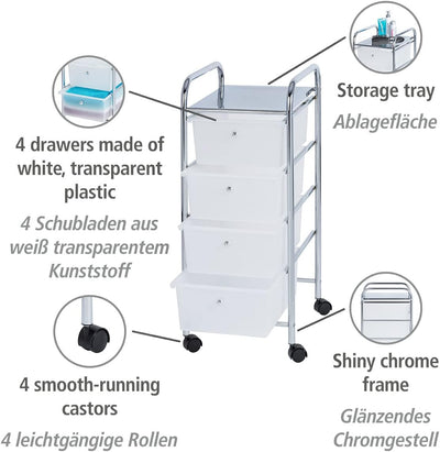 WENKO Rollwagen Messina mit 4 Schubladen - Badwagen, Haushaltswagen, Stahl, 33 x 80.5 x 39 cm, Chrom