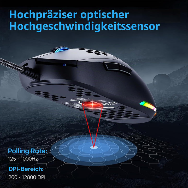 TMKB M1se Gaming Maus mit 12800 DPI Optischer Sensor,6 Programmierbare Tasten Wabenmaus,Anpassbares