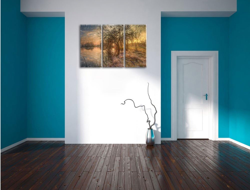Pixxprint herbstliche Landschaft im Morgengrauen Kunst Buntstift Effekt 3-Teiler Leinwandbild 120x80