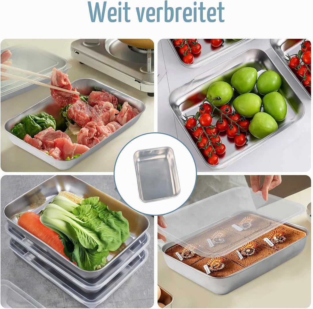 Brotschalen Edelstahl 3er Set Rechteckig GN Behälter mit Deckel 25,5 x 20 x 5 cm für Schnitzel, Flei