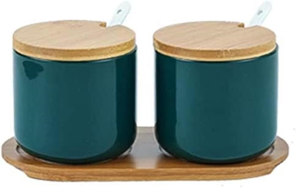 2er Set Zuckerdose Salzdose aus Keramik Gewürzgläser Gewürzbehälter mit Deckel,Löffel und Tablett 26