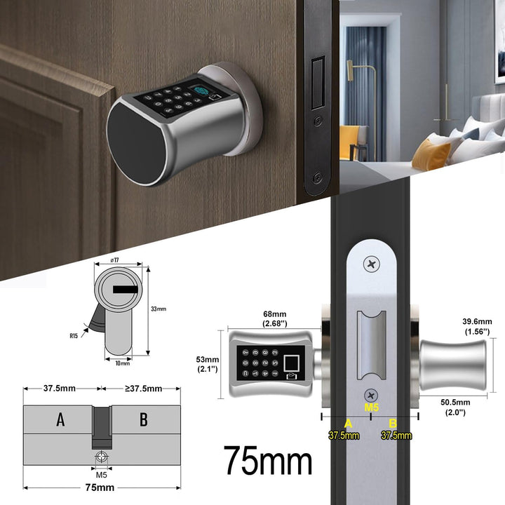 eLinkSmart Türschlosszylinder 75mm (37.5/37.5) mit Bluetooth App Fingerabdruck Passwort Schlüssel -