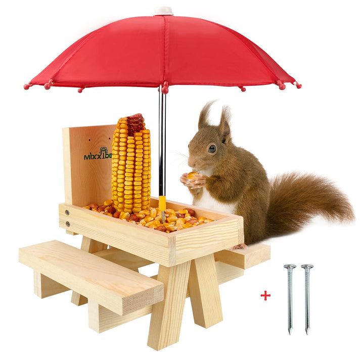 MIXXIDEA Eichhörnchen-Futterstation mit Regenschirm,hölzerner Eichhörnchen-Picknick-Tisch Futterspen
