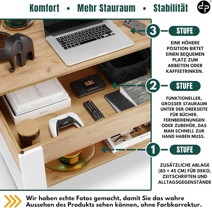 Couchtisch Höhenverstellbar mit Stauraum | Wohnzimmertisch Klappbar | Höhenverstellbarer Coffee Tabl