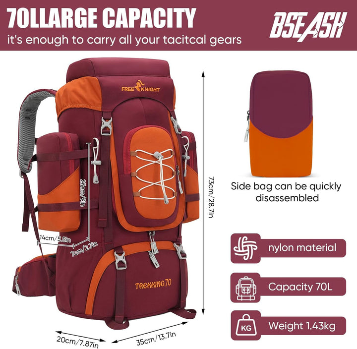 Bseash 70L (65+5) Wasserdichter Wanderrucksack mit Regenschutz, Outdoor-Sport, Reisen, Tagesrucksack