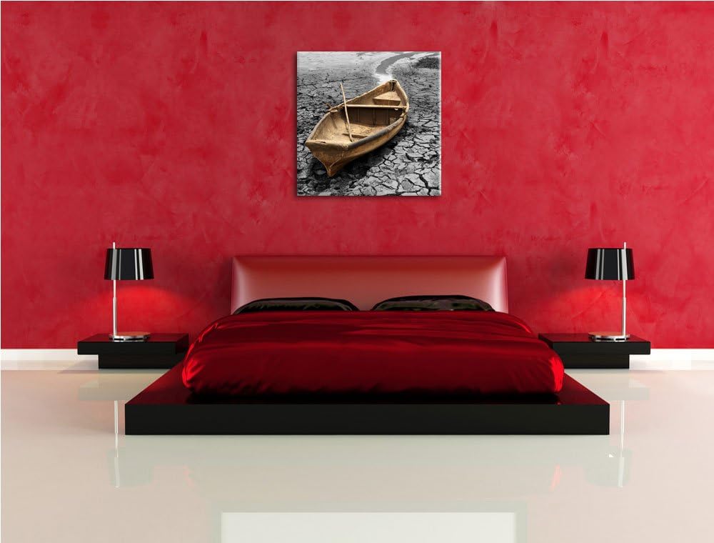 Pixxprint Ausgetrockneter Fluss mit Boot als Leinwandbild Quadratisch/Grösse: 70x70 / Wandbild/Kunst