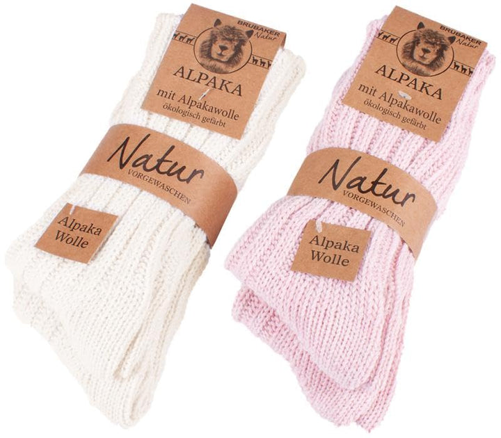 Brubaker 4 Paar Alpaka Socken sehr dick flauschig und warm - reine Alpakawolle 39-42 Beige- und Rosa